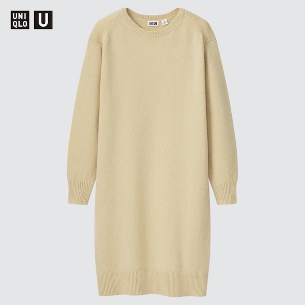 Uniqlo U Kids 100% Merino Wool Sweater Dress Cream Long Sleeve Size 7-8